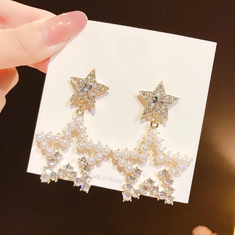 Star Rhinestone Earrings Women's Pearl Silver Needle Earrings Pentagram Hollow Geometric Pearl Diamond Spring Stud Earrings