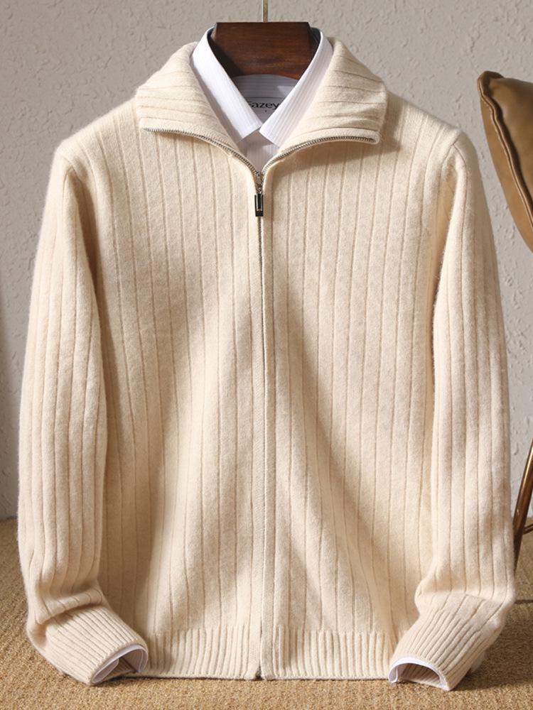 Herren Cardigan 100% Reine Wolle mit Reißverschluss: Herbst/Winter Schlank geschnittener Pullover mit vertikalem Rippstrick und Reverskragen.