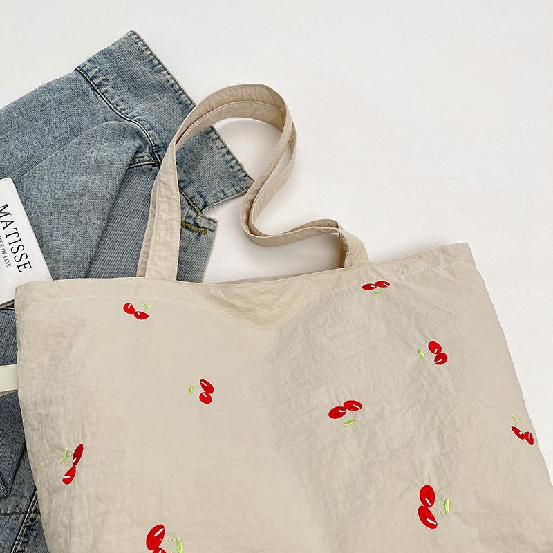 New Large Capacity Nylon Youth Shoulder Bags Cherry Embroidered Reusable Tote Bags Casual Lightweight Shopping Handbag for Women