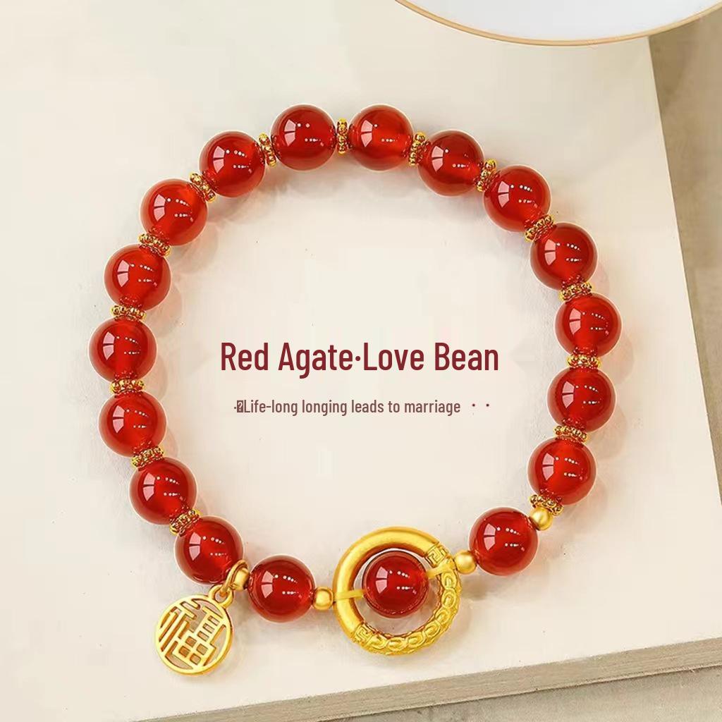 Vietnamese Gold Red Agate Love Bean Bracelet with Copper Gold-Plated Fu Pendant for Women