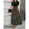 Women Leaf Print Midi Dress, Puff Short Sleeve Crew Neck Wrap Waist Ruffle Hem Long Sundress, Elegant Split Flowy Vacation Casual Party Outfit