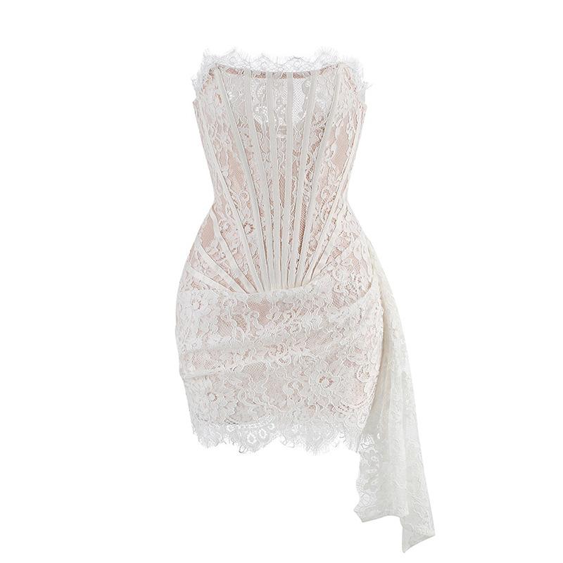 Sexy Wedding Party Dress Women Elegant Lace High Waist Bandage Bodycon Mini Dress Strapless Slim Corset Evening Dress