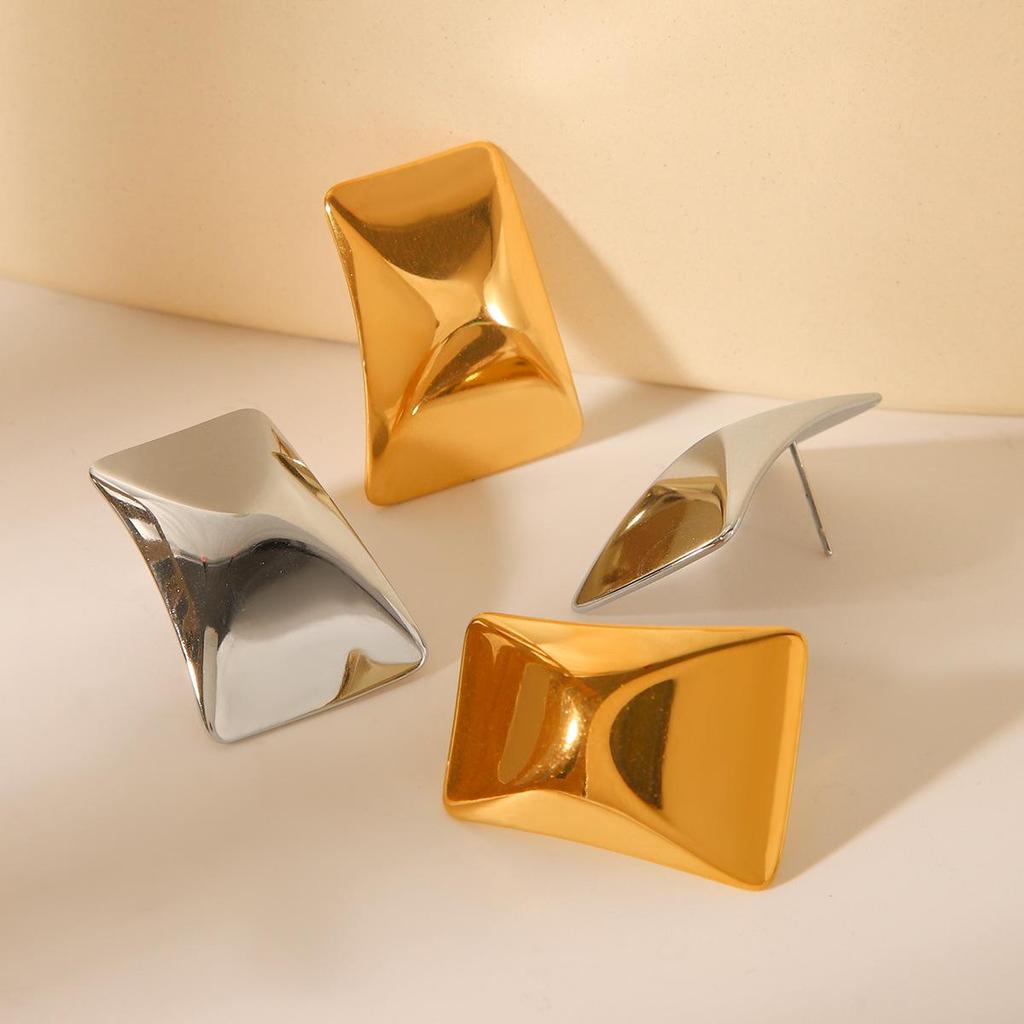 18K Gold European & American Style Titanium Steel Rectangular Stud Earrings - Smooth, Fashionable & Versatile.