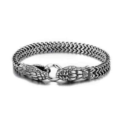 Titanium Steel Zodiac Snake Bracelet: Distressed Double Snake Head Design, Stainless Steel, Hip-Hop Style, Vintage Men's Accessory.