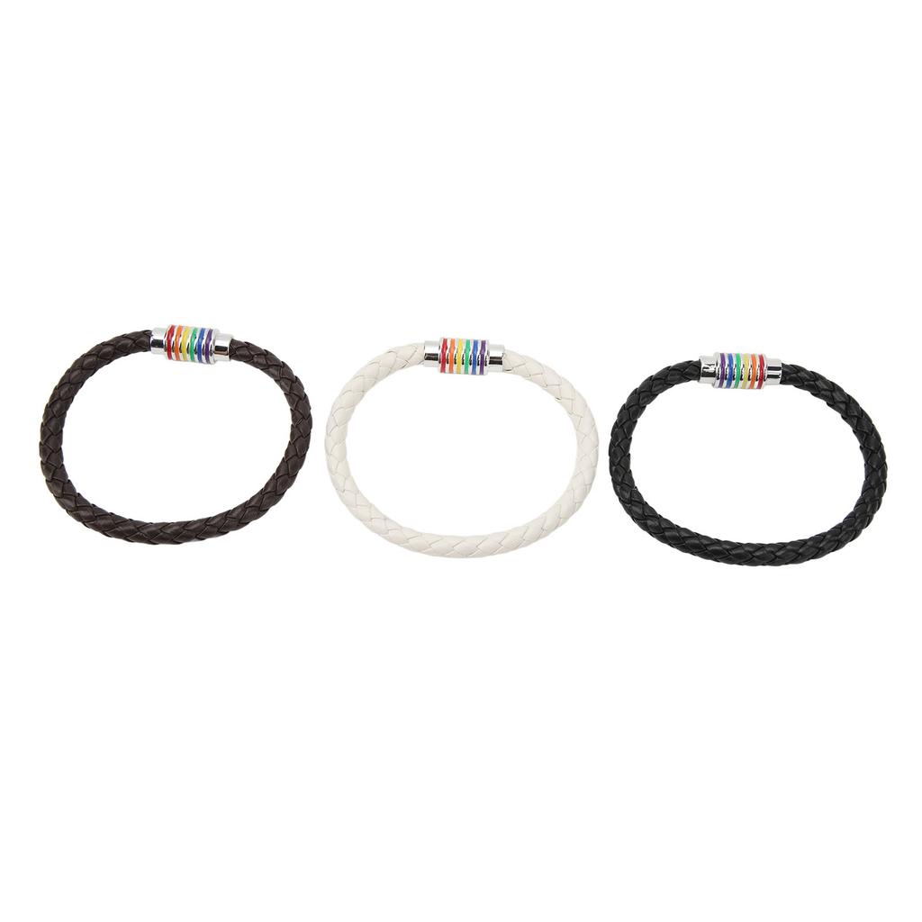 3PCS LGBTQ Bracelet Leather Stainless Steel Pride Woven Braided Magnet Lock Black Brown White LGBTQ Jewelry
