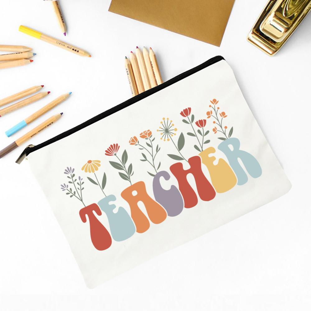 Teacher Flower Print Pencil Case Travel Makeup Bag School Stationery Supplies Storage Bags Wash Pouch Cosmetic Bags Teacher Gift