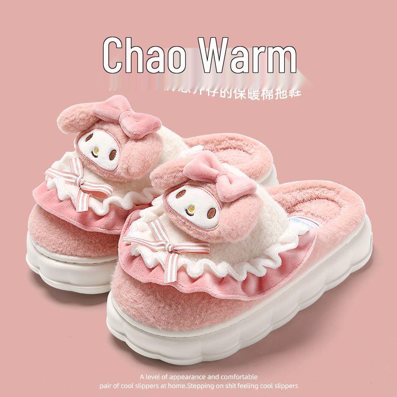 Official Hello Kitty Kuromi Women's Cotton Slippers - Autumn/Winter 2025 Cute Cartoon Plush