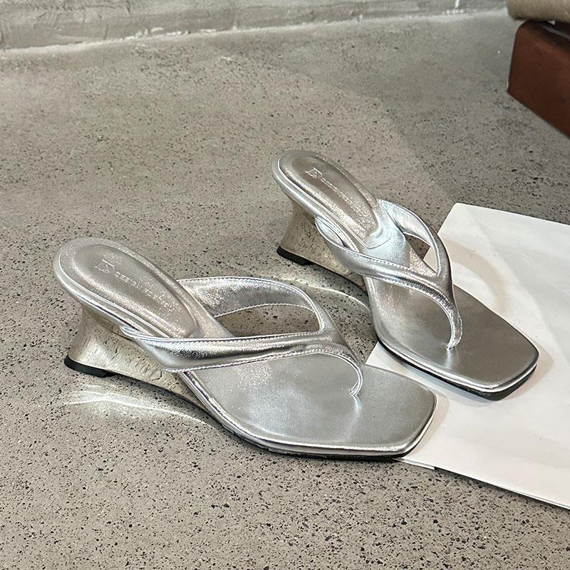 Fashion Silver Fashion Wedges Slippers Shoes For Women Flip Flops Female Slides Square Toe Ladies Wedges Heeled Slippers Shoes Sandals