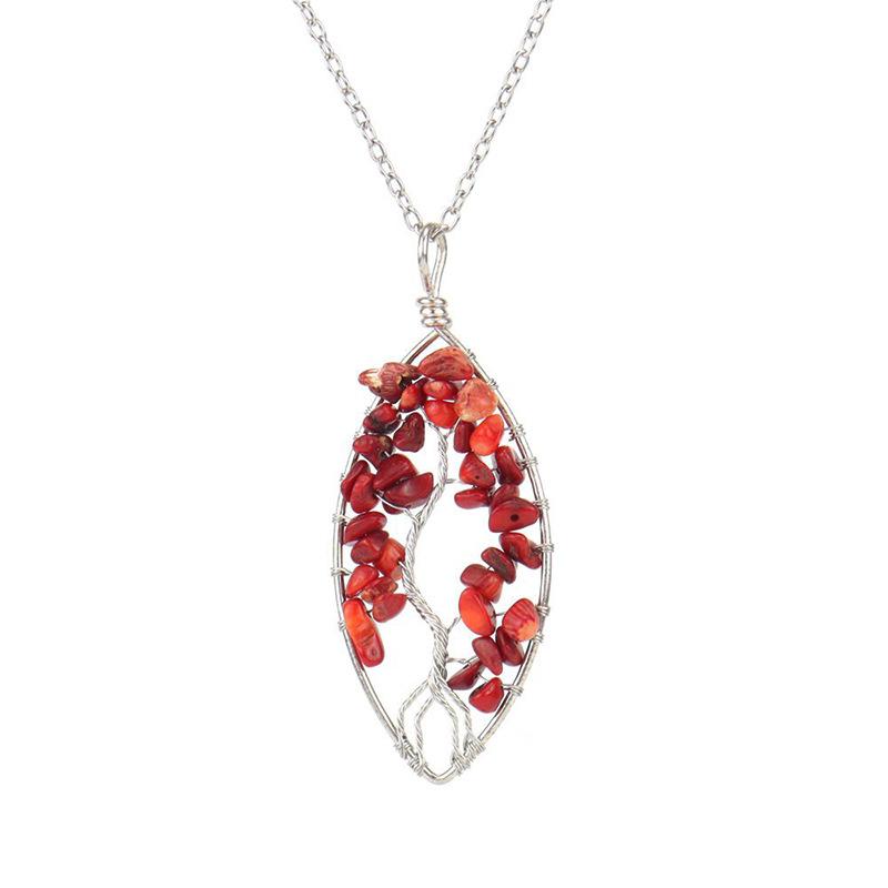 Hand-Wrapped Silver Natural Gravel Tree Of Life Necklace, Curved Crystal Lucky Tree Leaf Necklace N04