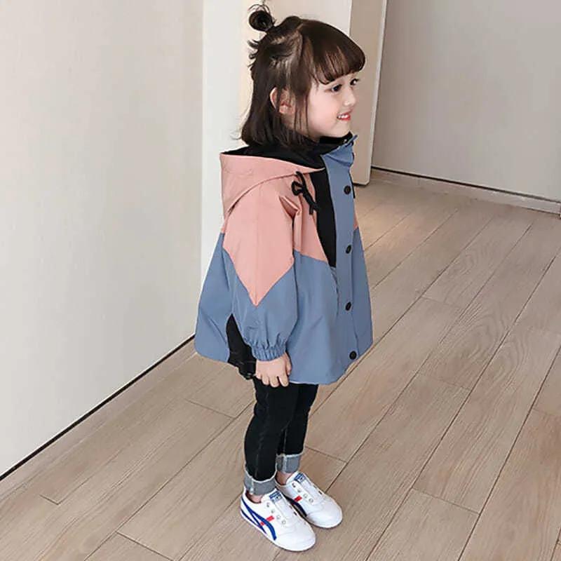 Giacca da ragazza primaverile e autunnale color block a maniche lunghe antivento con cappuccio e zip traforata