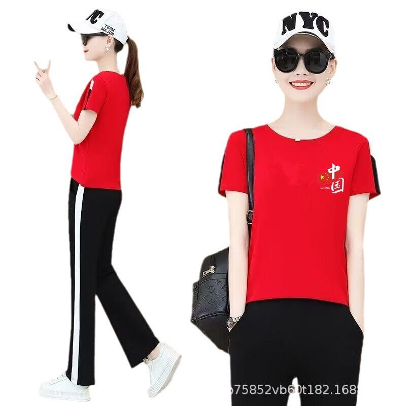 Trendy Chinese printed short-sleeve straight-leg pants, dance square set, summer sports temperament, slimming, comfortable, and trendy