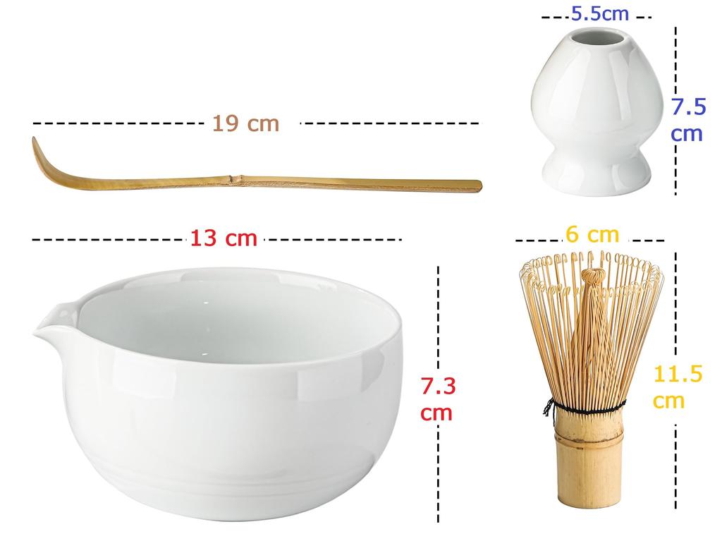 Tea ceremony set including a spouted matcha a tea whisk a tea whisk and a tea bowl, (100 prisms), stand, scoop.