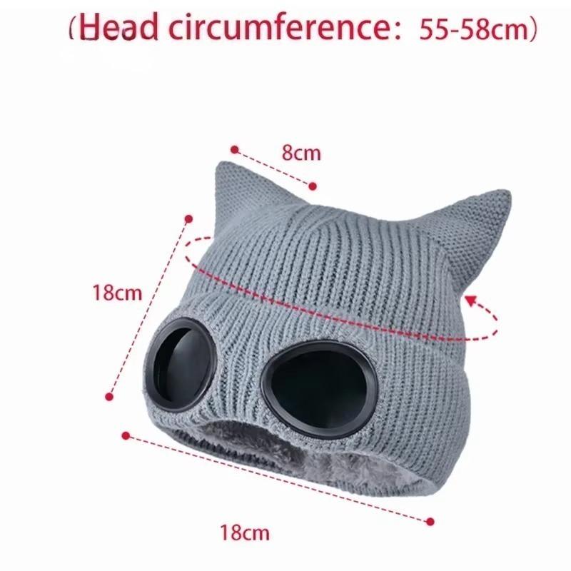 Little Devil Glasses Hat Knitted Mao Line Hat with Cat Ears Men Women Thickened for Warmth Ski Solid Color Ear Protection Windproof Pullover Hat