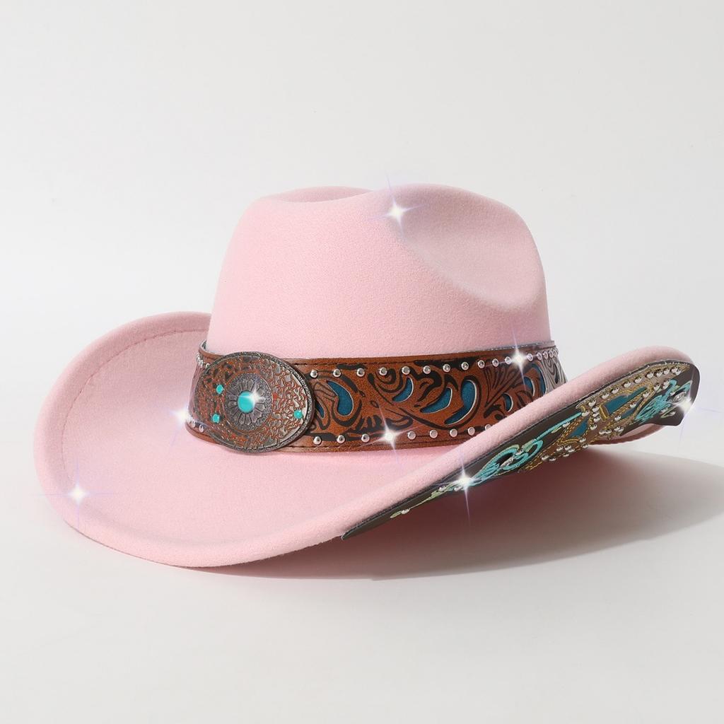 Autumn and winter men's and women's rolled-edge cowboy hat with heavy-duty belt decoration and patches