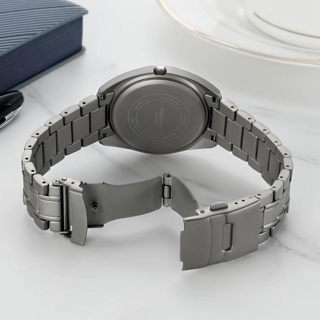 BERNY Full Titanium Men Watch Date Week Quartz Watches Calendar Sapphire Super Luminous 100M Waterproof Lightweight Wristwatch