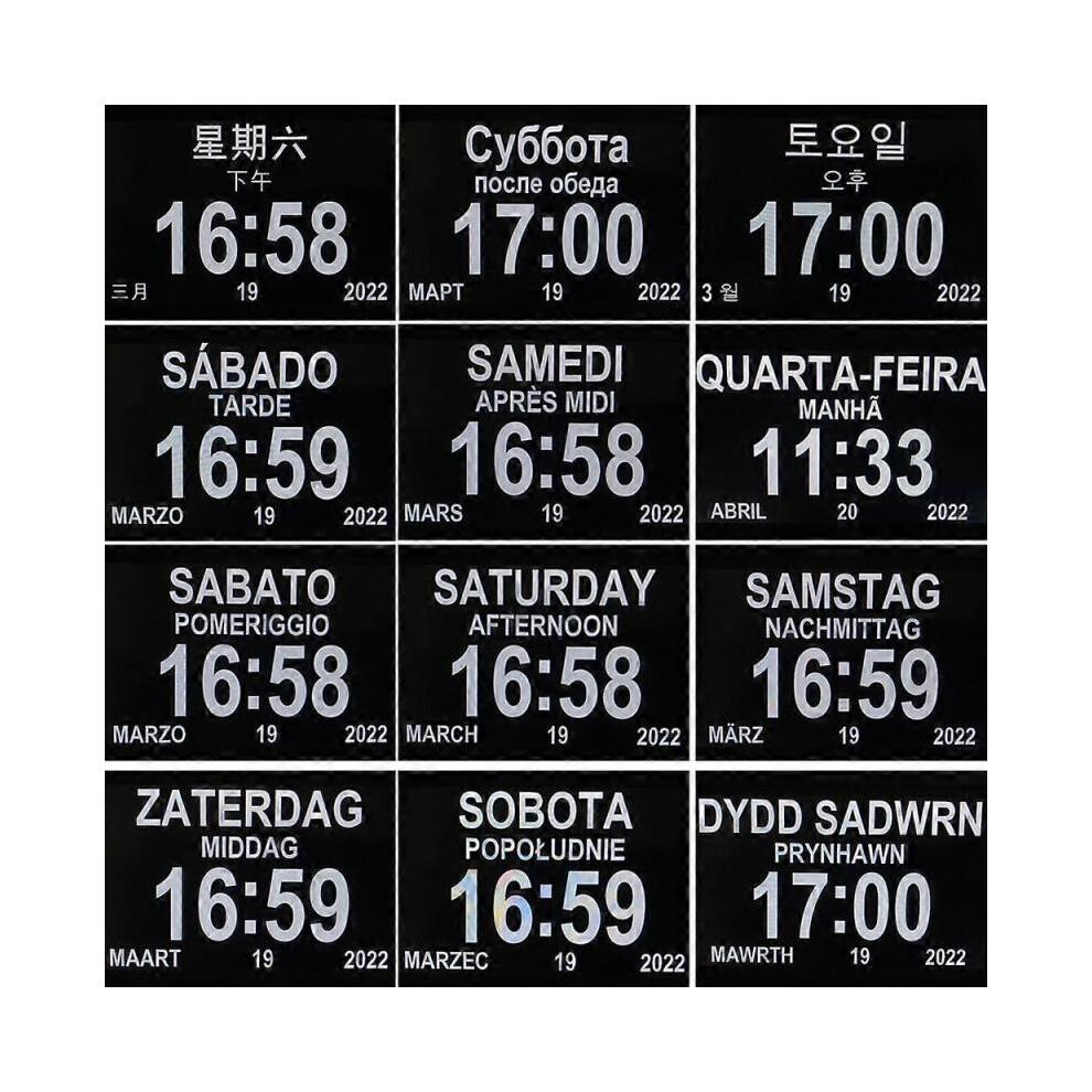(Black) 12 Alarms Digital LED Calendar Clock with Multi-Languages to display. Medicine Time Reminder for Elder.Home Desk Wall Decoration
