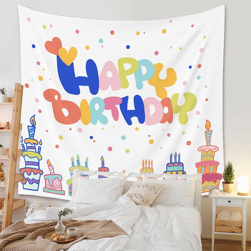 

Happy Birthday Cartoon Printed Tapestry Birthday Decoration Wall Carpet for Living Room Ins Style Festival Gift for Friends 74x94cm(29x37in)