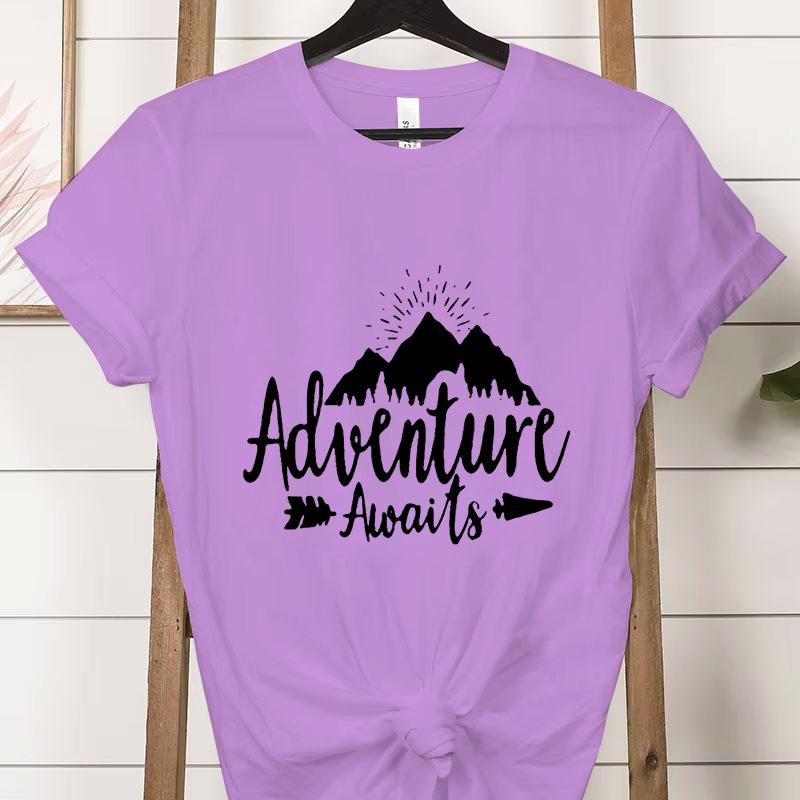 Adventure Awaits Crew Neck Short Sleeve Tshirt Women Mountain Outdoors Hiking Classic Tops Funny Camping Gifts Casual Tshirts