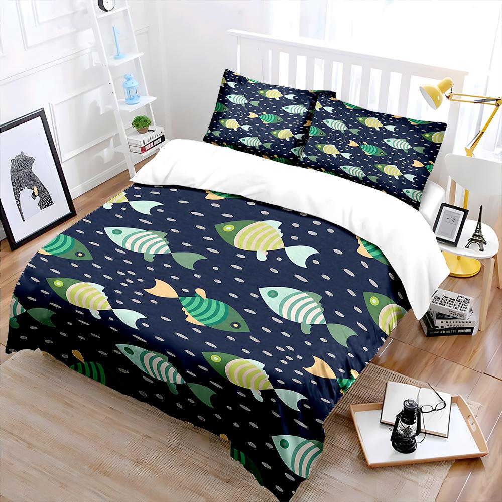 Set Biancheria da Letto con Fantasia di Pesci Colorati 3 Pezzi 1 Copripiumino 2 Federe per Adulti e Bambini Regalo di Lusso Misura Matrimoniale