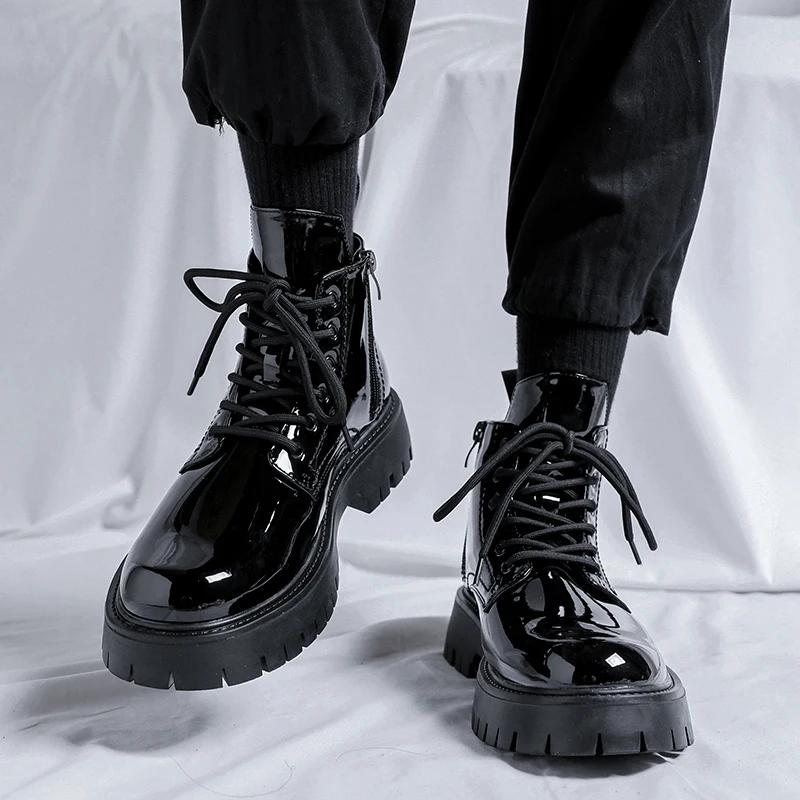 Fashion Men's Black Biker Boots 2024Hot Sale British  Designer Luxury Shoes Men Fashion Casual  Lace-up Boots Thick Sole High Top Shoes