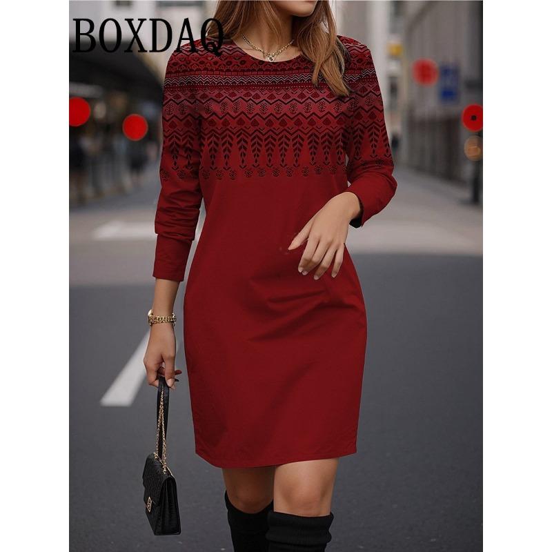 Women Casual Retro Short Dress Autumn Winter Long Sleeve Loose Flower Print Dresses Fashion Femme Vintage O-Neck Mini Dress