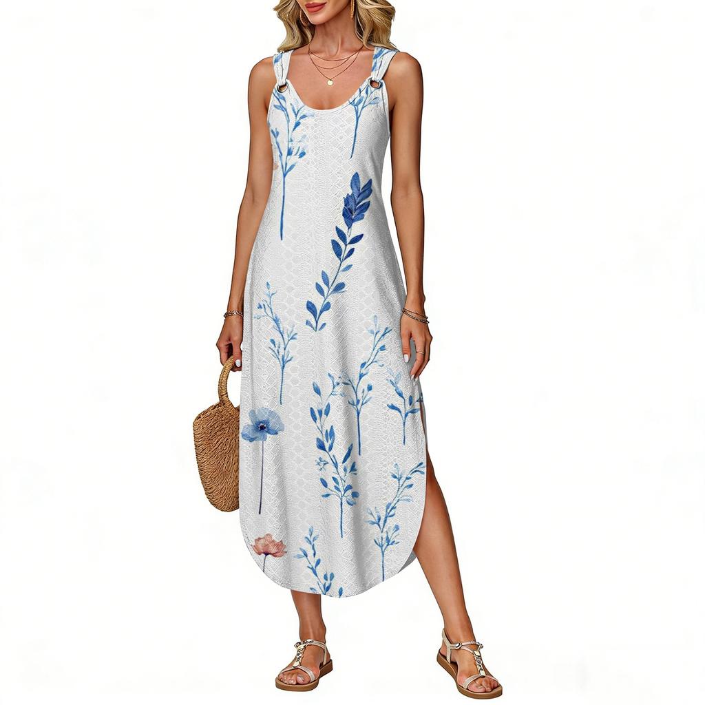Women's Summer Long Dress, Sleeveless With Side Slits, Long Floral Printed Camisole Dress
