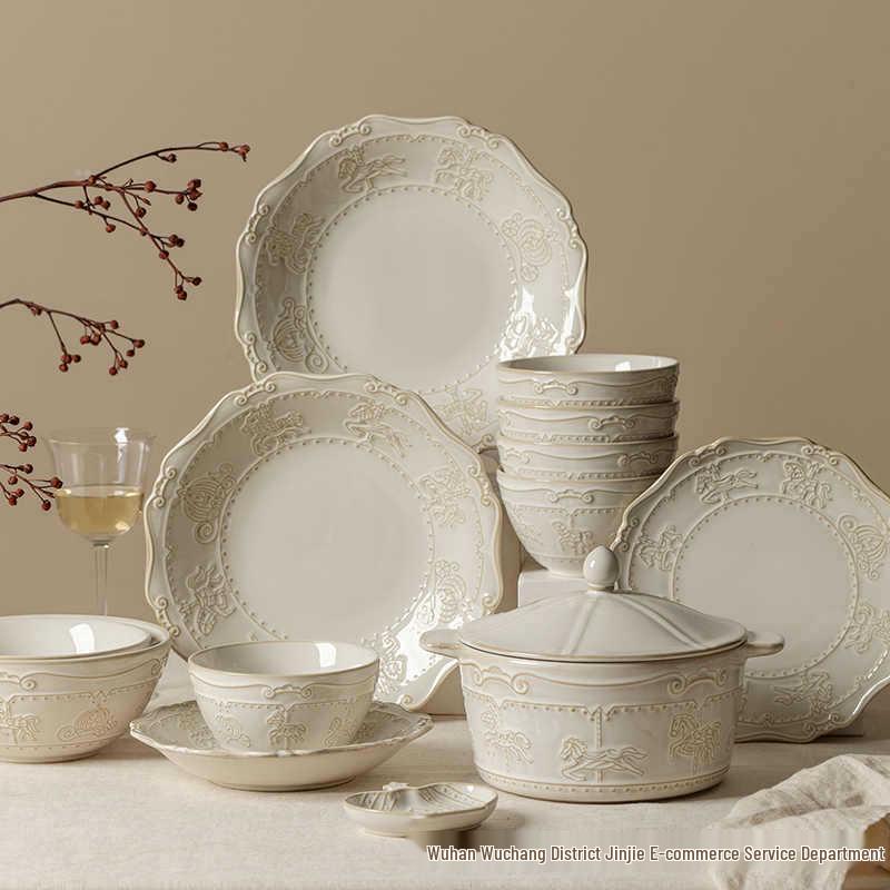 European-Style Embossed French Ceramic Tableware Set: Dinner, Soup, Bowl & Vegetable Plates, Saucers