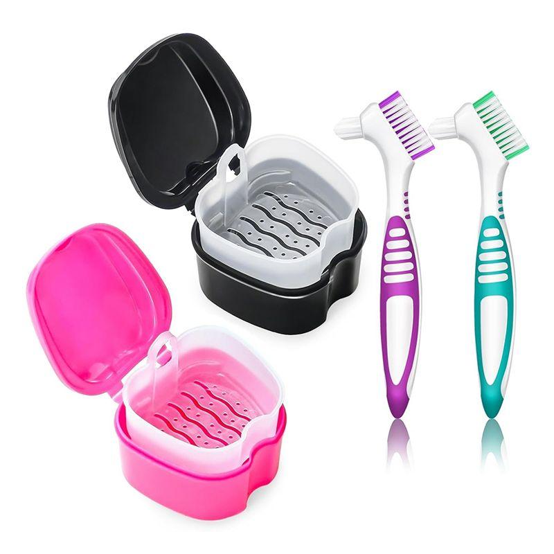 

2 Pack Denture Bath Case Cup Box Holder Storage Container With Denture Cleaner Brush Strainer Basket For Travel Cleaning A