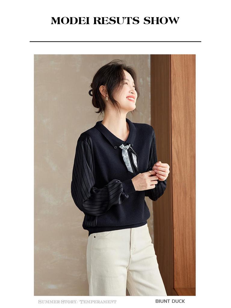 Women's Elegant Autumn Lapel Knitted Sweater, Fake Two-Piece Loose Top