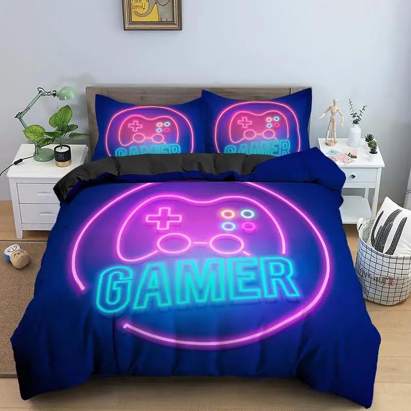 Gaming Gamer Duvet Cover Set Gamepad Bedding Set,Video Game Comforter Cover Neon Gamepad Geometry Brick Wall Design Quilt Cover
