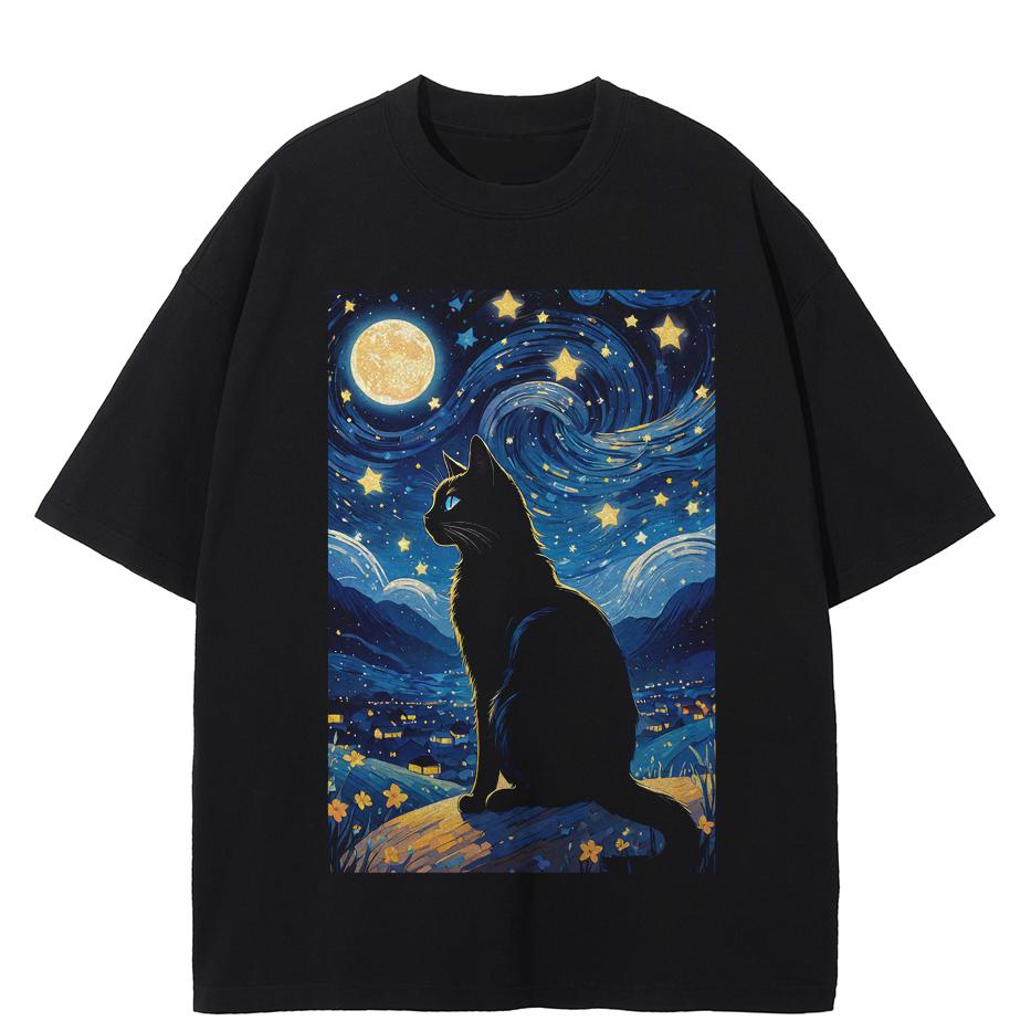 Готическая Кошка Ван Гога Звездная Ночь Оверсайз Футболка M чёрный