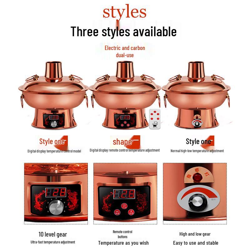 Elektrischer Lila Kupfer Doppelnutzungs-Hot Pot: Einstellbare Temperatur Shabu-Shabu Lamm Hammelfleisch Holzkohle und Plug-in Warmhalte Kupfertopf für den Heimgebrauch