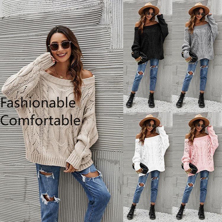 Autumn Winter Plus Size Women Strapless Loose Knit Sweater One Neck Solid Color Pullover Europe USA Style