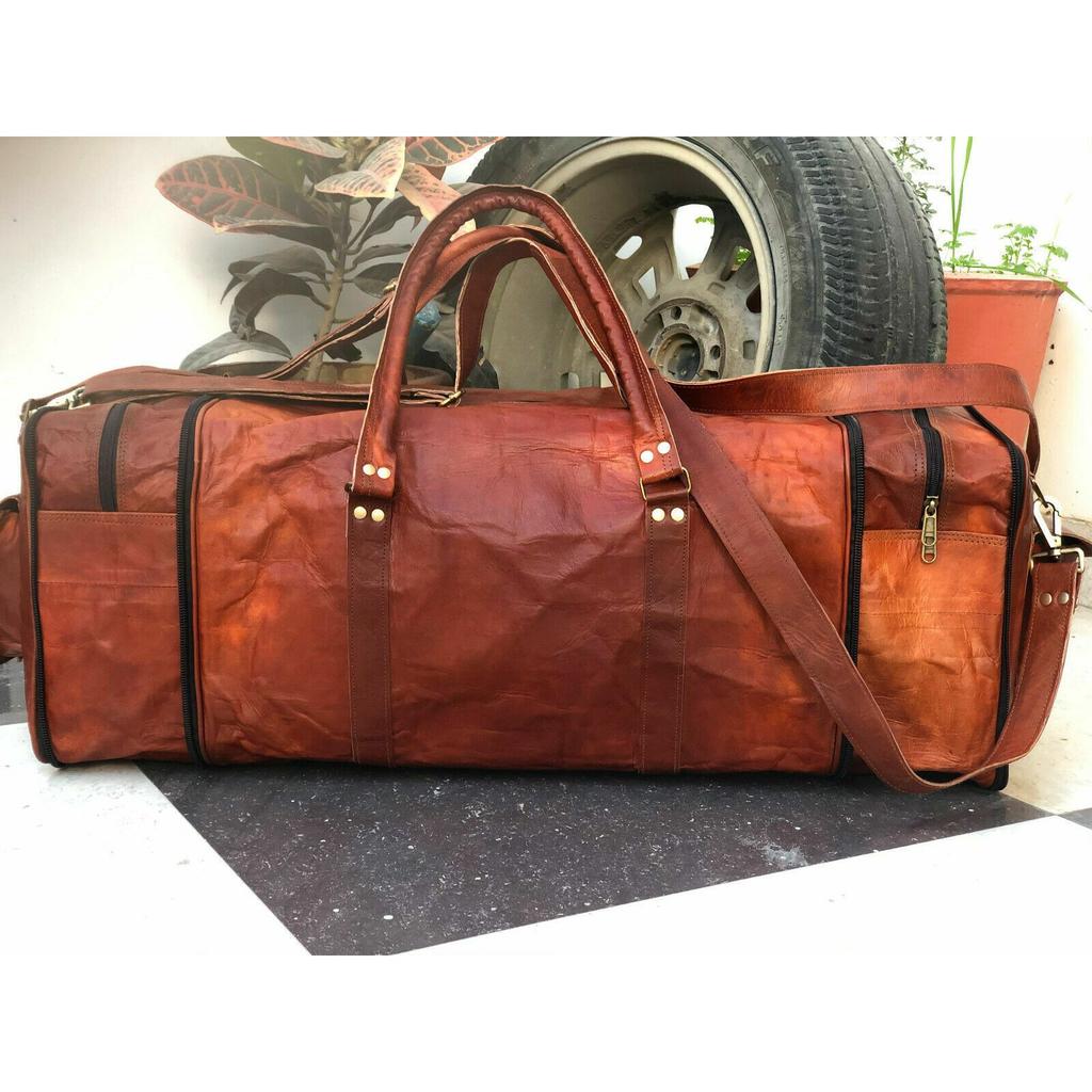 Leather Expandable Travel Luggage Duffel X Large Bag Tote Brown 29" Men Genuine