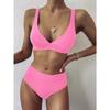 Big Pit Strip High Waist Pure Color Bikini Double Shoulder Belt Split Swimsuit Women's Swimsuit