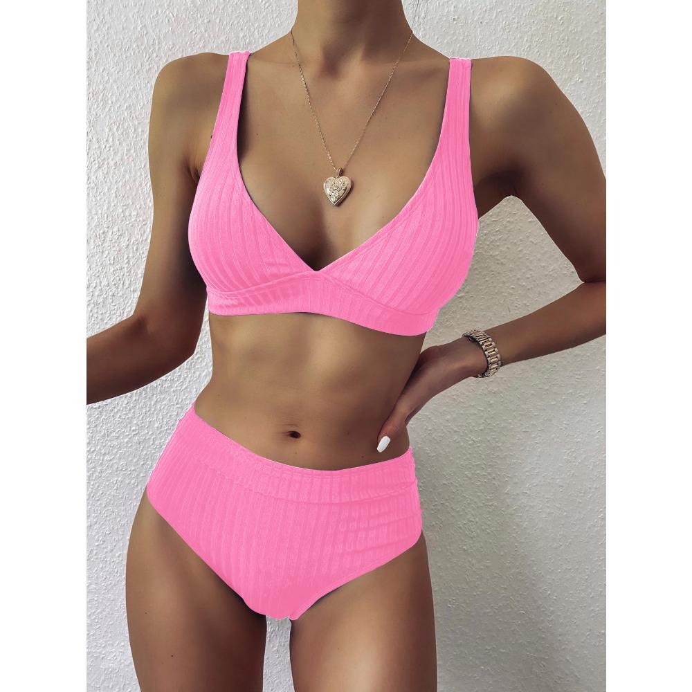 Big Pit Strip High Waist Pure Color Bikini Double Shoulder Belt Split Swimsuit Women's Swimsuit