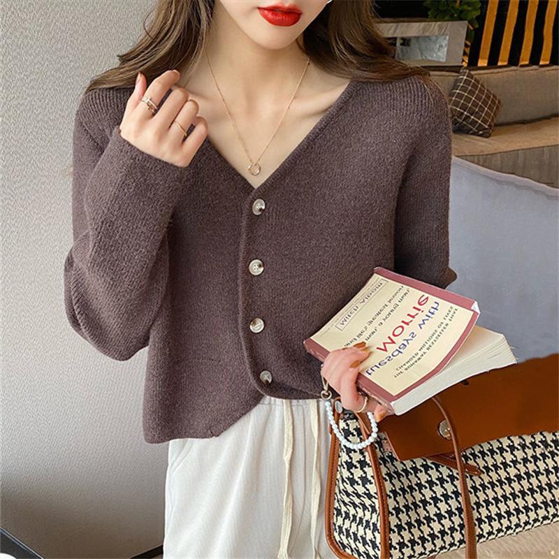 

Осень и зима V-образный вырез однотонный вязаный кардиган топ женский свободный ленивый стиль свитер куртка универсальный стиль для работы average size
