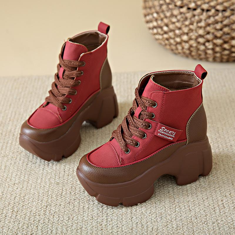 Short boots women's 2025 autumn fashion round head platform lace-up sports style casual shoes wedge heel fashion single shoes