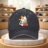 Cat Eating Noodles Baseball Cap Funny Graphic Print Washed Denim Adjustable Outdoor Sports Hat