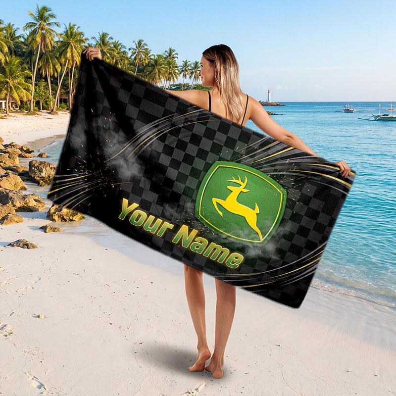 John Deere Customized Name Text Beach Towel, Soft Absorbent Towel Beach Pool Travel Personal Gift