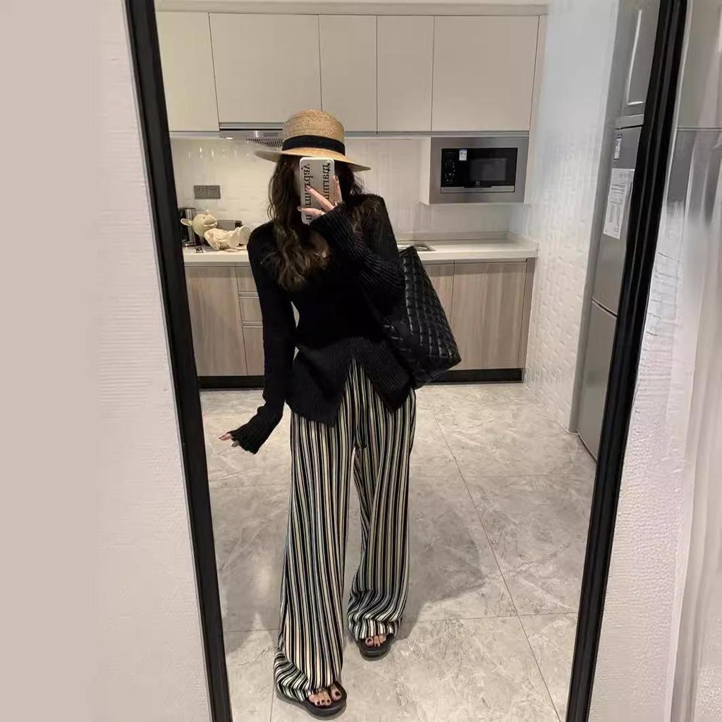 Plus Size Women's Vertical Stripe High Waist Slimming Casual Floor-Length Summer Pants