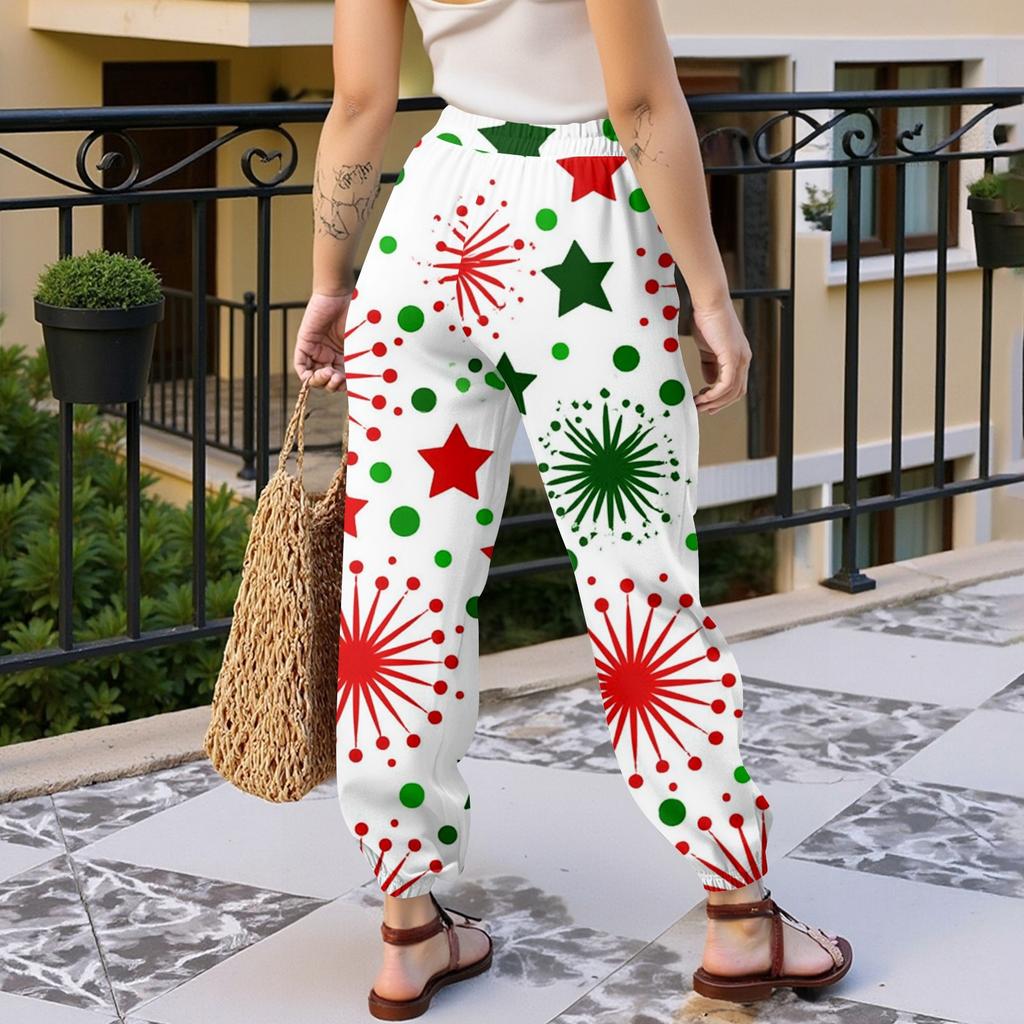 Women's Casual Christmas Print Sweatpants with Elastic Waist and Tapered Cuff Joggers