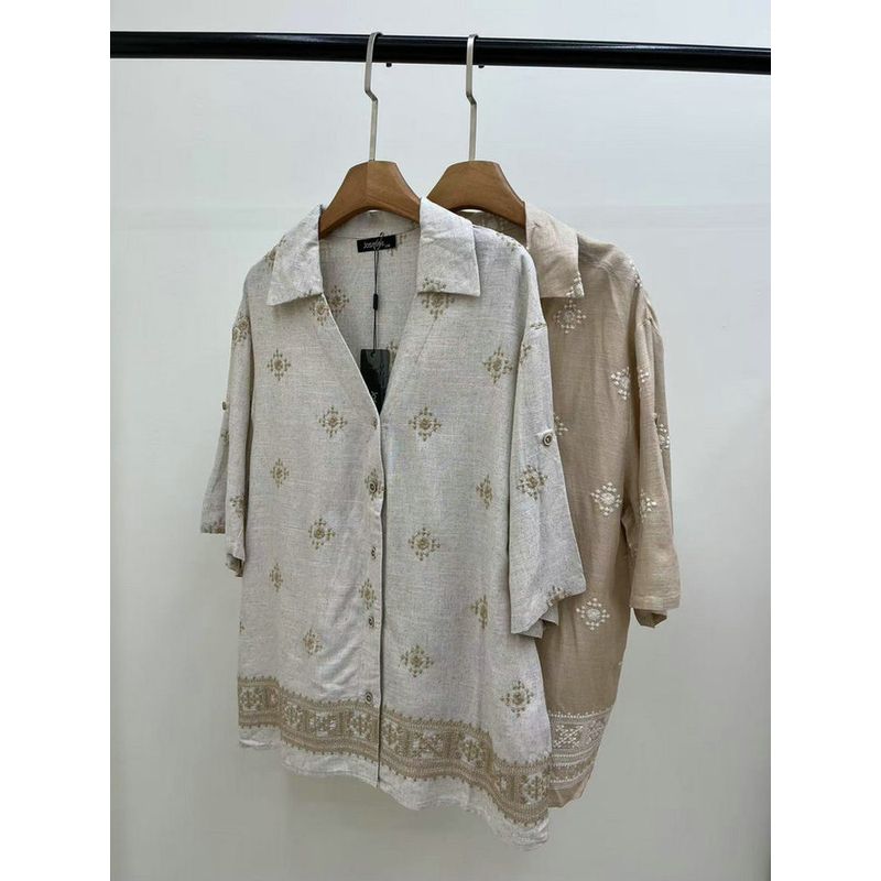 Foreign Trade Original Garment Jasmine Comfort and Fashion Coexist Artistic Sense Print Pattern Loose Profile Cotton and Linen Shirts