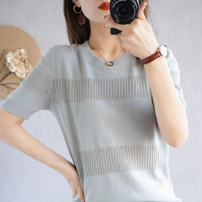 Round Neck Cotton Thread Short-sleeved Knitted T-shirt for Women's Summer Pullover Half-sleeved Loose and Versatile Fashionable Vest Top