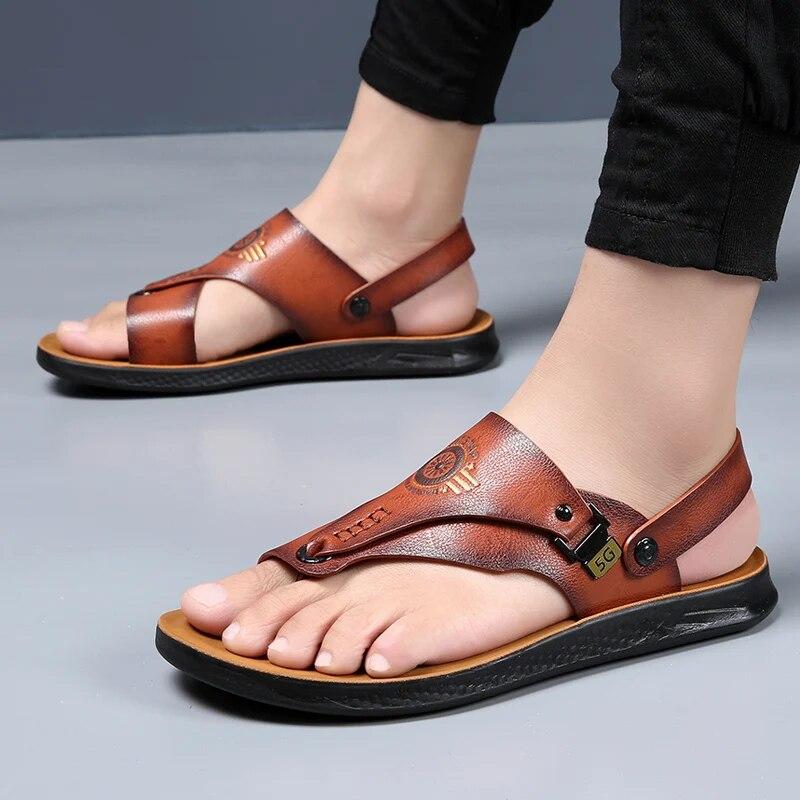Men's Trendy Leather Sandals Flip Flops Casual Sandals Summer Breathable Sandals for Men Non Slip Beach Slippers Comfortable Flats Sandals