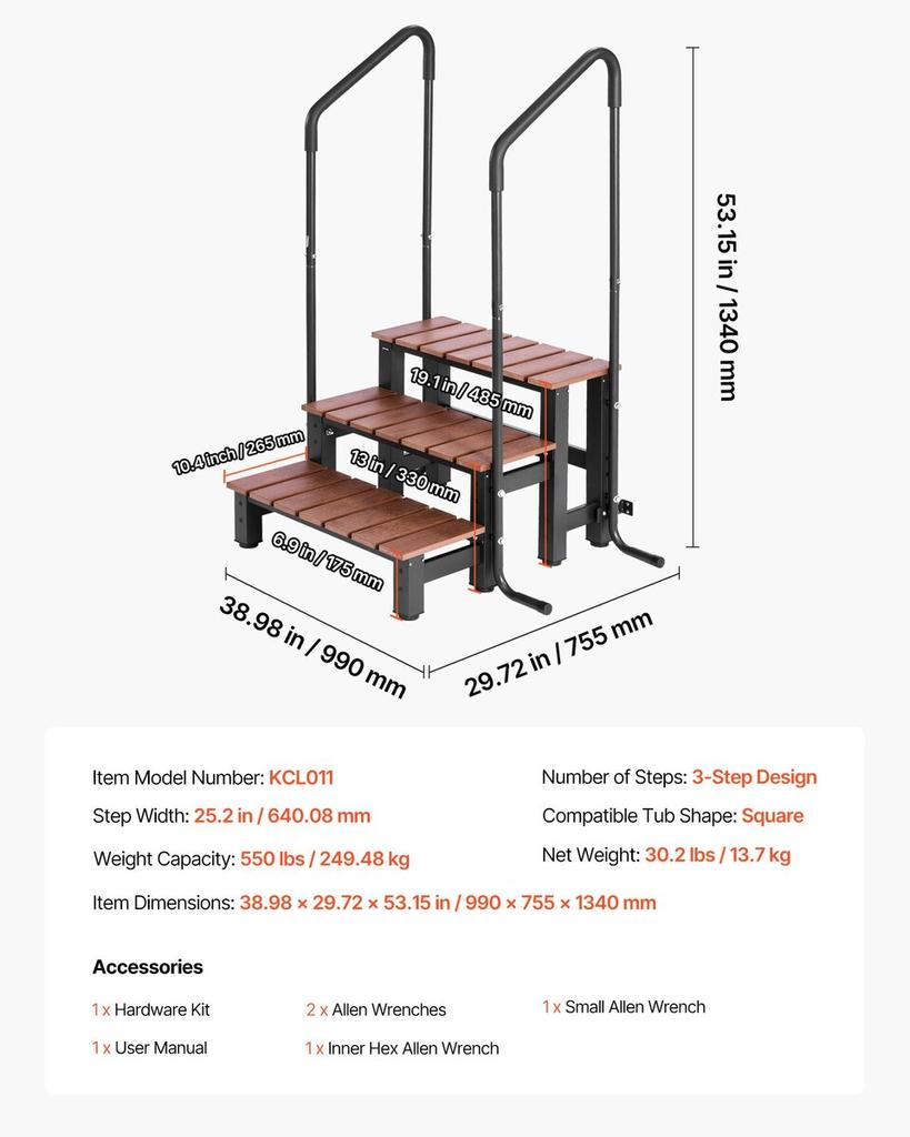 Hot Tub Step with Handrail, 3-Step Spa Outdoor Stairs, Heavy Duty 640.1 mm Wide Above-Ground/Inflatable Pool Ladder with 249.5 kg Weight Capacity,