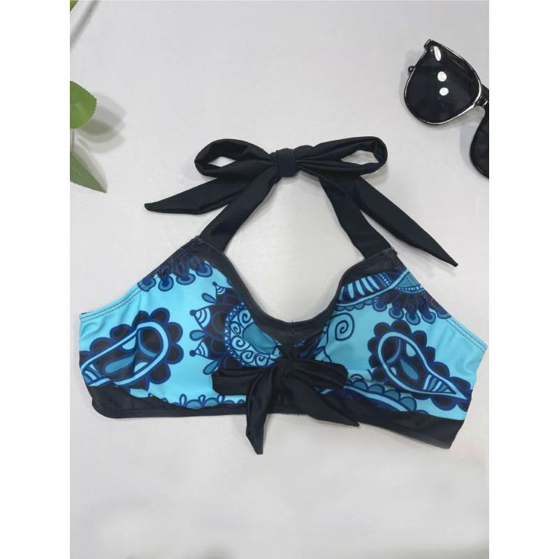 2025 Europa Und Die Vereinigten Staaten Amazon Neu Geteilt Gerafftes Neckholder Sexy Rückenfreies Bikini Retro-Print Badeanzug Damen