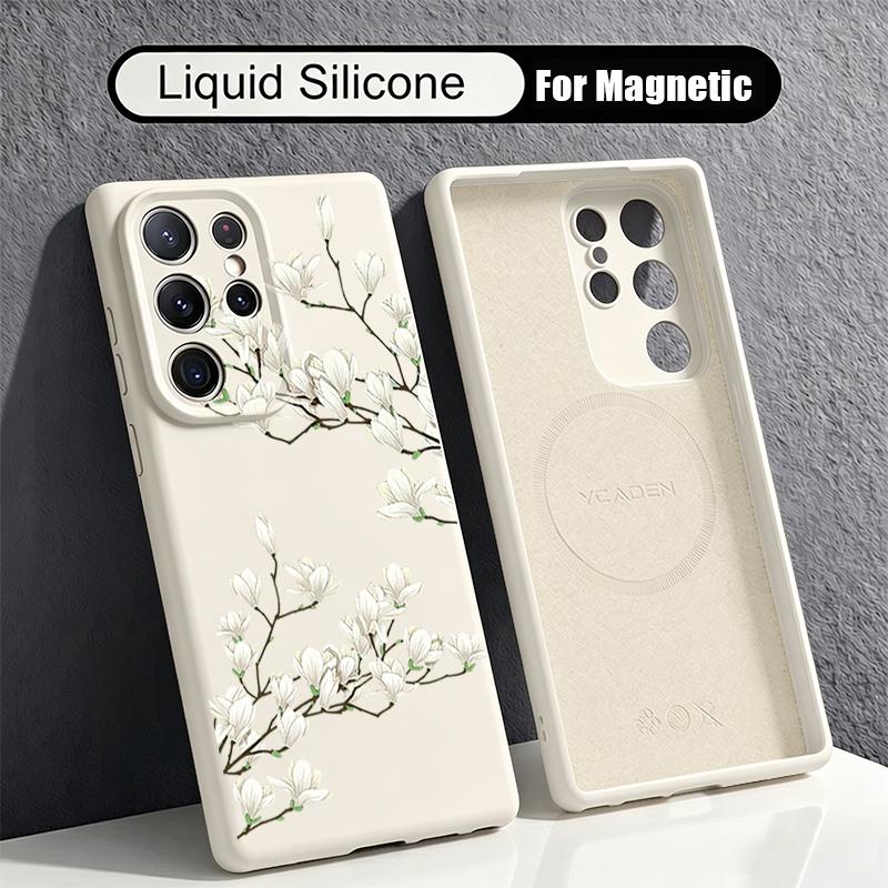 White Flowers Print Case For Samsung Galaxy S26 S25 Ultra S24 Plus S23 S22 Ultra Magnetic For Magsafe Liquid Silicone Cover