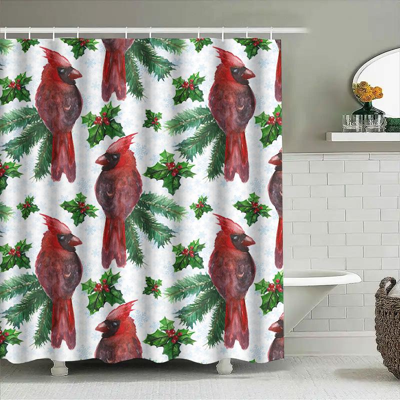 Watercolor Holiday Shower Curtain Featuring Cardinals Holly Christmas Decor For Bathroom Red Floral Design