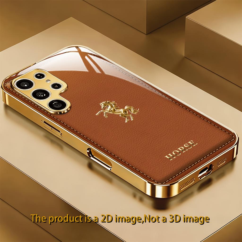 2D Brown Background Golden Horse Design Phone Case for Galaxy S26 S25 S24 S23 Ultra S22 Ultra S20 Ultra 56 A72 A73 5G